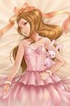  bare_shoulders bed bow brown_hair bunny don_michael dress hair_bow hair_ribbon idolmaster idolmaster_(classic) lips long_hair lying minase_iori on_back on_bed one_eye_closed red_eyes ribbon solo stuffed_animal stuffed_bunny stuffed_toy 
