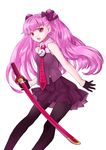  artemis_(harunoibuki) bad_id bad_pixiv_id bare_shoulders bow clock gloves hair_bow harunoibuki necktie open_mouth original pantyhose pink_eyes pink_hair skirt solo sword tongue twintails weapon 