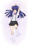  blue_hair bow dakimakura full_body furude_rika highres higurashi_no_naku_koro_ni lmo long_hair lying on_back purple_eyes skirt smile socks solo 