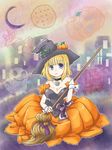  blonde blue_eyes bow breasts broom building candy choker city cleavage cookie dress ghost green_eyes halloween hat heterochromia jack-o&#039;-lantern large_breasts moon oppai plant pumpkin ribbon tokeineko vines witch witch_hat 