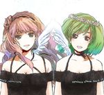  angel_wings bare_shoulders black_dress blue_eyes dress flower gradient_hair green_hair hair_flower hair_ornament hairband head_wreath long_hair macross macross_frontier multicolored_hair multiple_girls open_mouth pink_hair ranka_lee red_eyes sheryl_nome short_hair single_wing smile wings yukisen 