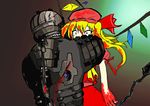  1girl absurdres armor blonde_hair blood crossover dead_space dress flandre_scarlet hat helmet highres hug isaac_clarke red_eyes tears touhou wings worthless00 