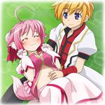  1girl ^_^ ahoge animal_ears belly_rub blonde_hair blue_eyes breasts closed_eyes dog_days dog_ears dog_girl dog_tail gloves mameshiba medium_breasts millhiore_f_biscotti paw_pose pink_hair shinku_izumi short_hair tail tail_wagging 