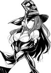  between_breasts breasts cleavage dragon's_crown dress greyscale hat hirama_hirokazu large_breasts long_hair looking_at_viewer monochrome side_slit simple_background solo sorceress_(dragon's_crown) staff strapless strapless_dress thighs white_background witch_hat 