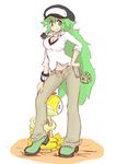  1girl blush breasts cleavage genderswap green_eyes green_hair highres jewelry long_hair n_(pokemon) necklace open_clothes open_shirt pants pokemon pokemon_(game) pokemon_black_and_white pokemon_bw scraggy shirt shouei-chronicles simple_background sketch smile 