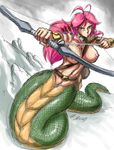  ahoge arrow belt bow_(weapon) breasts concentrating drawing_bow foreshortening full_body gauntlets green_eyes holding holding_arrow holding_bow_(weapon) holding_weapon john_joseco lamia large_breasts left-handed long_hair monster_girl navel_piercing nipple_piercing nipples nude original piercing pink_hair quiver scales signature snake solo tail weapon 