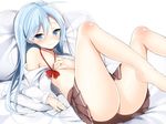  bare_legs bare_shoulders barefoot bed blue_eyes blue_hair blush covering covering_breasts denpa_onna_to_seishun_otoko flat_chest hand_on_own_chest kazunari_(kazyar) legs legs_up light_smile long_hair lying on_back open_clothes open_shirt pillow shirt smile solo touwa_erio 