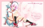  blush headphones highres nitroplus official_art pink_hair red_eyes ribbon shorts smile socks solo super_sonico sweater tsuji_santa 