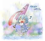  blue_dress blue_hair blush boots chibi closed_eyes dress english happy karakasa_obake long_tongue musical_note open_mouth puddle purple_umbrella rain short_hair smile solo tatara_kogasa tongue tongue_out touhou umbrella viva!! 