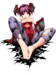  bat blush capcom feet highres leotard lilith_aensland pantyhose purple_hair rairoma red_eyes short_hair toes torn_clothes torn_pantyhose vampire_(game) 