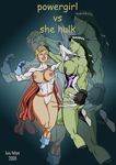  battle blonde costume crossover dc_comics fight gloves green_hair green_skin long_hair marvel marvel_and_dc_crossover powergirl she-hulk she_hulk shehulk short_hair super_heroine superheroine tagme topless wardrobe_malfunction 