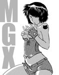  bare_shoulders black_hair corset covering covering_breasts fingerless_gloves gloves greyscale hair_over_one_eye midriff monochrome nazo_no_kanojo_x saliva short_hair short_shorts shorts solo tattoo ueshiba_riichi urabe_mikoto 