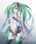  bad_id bad_pixiv_id black_legwear breasts cleavage detached_sleeves green_eyes green_hair hair_ornament hatsune_miku hatsune_miku_(append) iroha_(unyun) long_hair medium_breasts navel open_mouth solo thighhighs twintails vocaloid vocaloid_append 