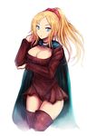  blonde_hair blue_eyes boots bow breasts cape cleavage final_fantasy final_fantasy_tactics hair_bow high_ponytail kara_(color) large_breasts long_hair ponytail simple_background solo thigh_boots thighhighs thighs valmafra_lenande zettai_ryouiki 