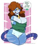  &lt;3 2017 alternate_species amber_eyes anthro arnachy big_breasts bottomless breasts cleavage clothed clothing collar dialogue english_text felid female geeflakes_(character) hi_res mammal pantherine pussy solo sweater text tiger tongue tongue_out wide_hips 