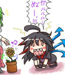  2girls ahoge all_fours angry asymmetrical_wings black_hair black_legwear blush bow chibi dancing_flower dress flower flower_pot fume green_hair houjuu_nue kazami_yuuka multiple_girls music musical_note rindou_(p41neko) sharp_teeth short_hair singing skirt sunflower sunglasses teeth thighhighs touhou translated wings wristband zettai_ryouiki 