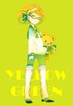  :3 :q blonde_hair bow flats glasses green green_legwear hagiko hair_bow hairband leg_warmers original pantyhose sailor_collar short_hair simple_background solo standing stuffed_animal stuffed_toy teddy_bear tongue tongue_out yellow_eyes 