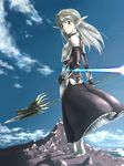  armor barefoot cloud day dragon dress elf hand_on_hip highres lance lens_flare long_hair looking_back original pale_skin pointy_ears polearm red_eyes silver_hair skirt sky solo ttomm weapon 