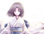  brown_hair closed_eyes izumiya_otoha japanese_clothes kara_no_kyoukai kimono light_smile petals ryougi_shiki short_hair solo wind 