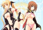  black_panties blonde_hair blue_eyes blush bra bra_pull breasts brown_hair doujinshi fate_testarossa fingerless_gloves gloves highleg highleg_panties large_breasts lingerie long_hair lyrical_nanoha magic_circle mahou_shoujo_lyrical_nanoha_strikers multiple_girls navel panties pink_panties red_eyes shirt_lift short_hair soba_(saz) thighhighs twintails underboob underwear undressing very_long_hair yagami_hayate 