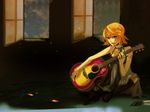  acoustic_guitar blonde_hair blue_eyes boots dress guitar instrument kagamine_rin short_hair sitting smile solo tokyo-to_rock_city_(vocaloid) vocaloid yucco 