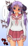  blue_eyes blush kagami_hiiragi lucky_star naz pantsu panty_pull purple_hair school_uniform schoolgirl sweat translation_request twin_tails 