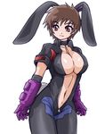  animal_ears bad_id bad_pixiv_id bodysuit breasts brown_hair bunny_ears center_opening choker cleavage getsumento_heiki_miina gloves large_breasts navel okuri_ookami ootsuki_mina open_clothes red_eyes short_hair smile solo unzipped very_short_hair 