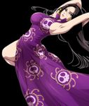  1girl amazon armpits arms_up black_hair blue_eyes boa_hancock breasts china_dress chinese_clothes dress earrings hairu highres jewelry large_breasts long_hair marineford one_piece purple_dress shichibukai side_slit sideboob simple_background 