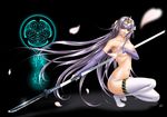  blood breast_hold breasts fingerless_gloves gloves long_hair naginata panties petals polearm purple_eyes purple_hair rance_(series) sengoku_rance senhime solo spear takatan thighhighs topless underwear very_long_hair weapon white_panties 