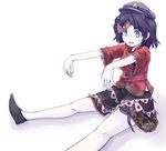  araco black_hair blue_eyes hat jiangshi miyako_yoshika off_shoulder ofuda outstretched_arms outstretched_leg pale_skin short_hair simple_background sitting skirt solo star sweatdrop touhou zombie_pose 