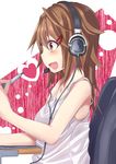  :d bad_id bad_pixiv_id blush brown_eyes brown_hair cable haruyuki_(yukichasoba) headset heart highres holding holding_stylus left-handed long_hair open_mouth original smile solo stylus tablet tank_top 