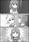  bow comic empty_eyes fakkuma greyscale hair_bow kaname_madoka mahou_shoujo_madoka_magica middle_finger miki_sayaka monochrome multiple_girls profile ribbon shizuki_hitomi short_hair silent_comic spoilers twintails wavy_hair 