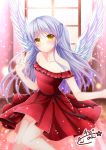  1girl angel_beats! angel_wings bare_shoulders blush chibinon collarbone column commentary_request dress eyebrows_visible_through_hair lens_flare light_smile long_hair pillar red_dress ribbon solo strapless strapless_dress tenshi_(angel_beats!) v white_hair window wings yellow_eyes 