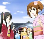  akiyama_mio black_eyes black_hair blonde_hair blue_eyes brown_eyes brown_hair hair_down hair_ornament hatsumoude hirasawa_yui japanese_clothes k-on! kanzashi kimono kisuke_(akutamu) kotobuki_tsumugi long_hair multiple_girls nakano_azusa new_year ponytail short_hair shrine side_ponytail tainaka_ritsu tsumami_kanzashi v 