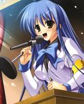  armband blue_hair brown_eyes microphone misakura_nankotsu podium school_uniform 