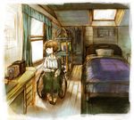  ball bangs bed bedroom blanket book book_stand bookshelf border brown_eyes brown_footwear brown_hair ceiling clothes_hanger curtains day desk doned_radiuju drawer eyebrows_visible_through_hair final_fantasy final_fantasy_tactics_advance floor folded_clothes foot_dangle hands_on_own_thighs indoors long_sleeves looking_to_the_side male_focus masaomi pillow sad shelf shoes sitting sketch soccer_ball solo wheelchair white_border window 