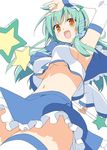  \m/ adapted_costume armpits bad_id bad_pixiv_id blush breasts crop_top green_hair kochiya_sanae long_hair magical_girl medium_breasts midriff navel no_bra open_mouth peko sideboob simple_background solo thighhighs touhou underboob wand yellow_eyes 