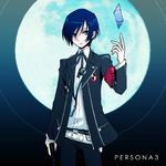  armband bad_id bad_pixiv_id blue_card blue_eyes blue_hair bow card cat0178 digital_media_player evoker floating_card full_moon gun headphones male_focus moon persona persona_3 ribbon school_uniform solo weapon yuuki_makoto 