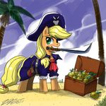  (mlp) apple apple_jack applejack_(mlp) blonde_hair clothed clothing cloud desert equine female feral friendship_is_magic fruit green_eyes hair horse john_joseco mammal my_little_pony palm_tree pirate pony solo sword treasure_chest weapon 