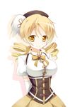  arms_behind_back blonde_hair bow bowtie breasts chibi_arisu corset drill_hair gloves hat large_breasts light_smile mahou_shoujo_madoka_magica simple_background solo tomoe_mami twin_drills twintails yellow_eyes 