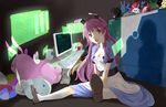  computer computer_hud infinite_stratos otousama pink_hair plushies purple_eyes shinonono_tabane sitting 