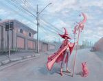  brown_hair cat cloak jeans sandals short_hair skinny sky staff standing street witch witch_hat 