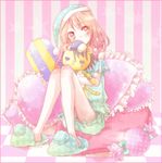  blonde_hair brown_eyes cabbie_hat character_doll checkered checkered_floor frilled_pillow frills hat kaburagi_t_kotetsu karina_lyle long_hair necktie pajamas pillow slippers solo stuffed_toy takao_hami tiger_&amp;_bunny vest 