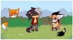  chibi cute fel_(character) felouse_(character) felousefarnayne female fox hiding hyrit_(character) hyritwolf luna777 male mammal moondog stick sweat sweatdrop taratsu_(character) vegetation 