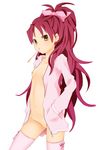  bar_censor bottomless bow brown_eyes censored flat_chest food hair_bow hands_in_pockets highres long_hair mahou_shoujo_madoka_magica mot mouth_hold navel nipples open_clothes pocky ponytail pussy red_hair sakura_kyouko solo thighhighs very_long_hair 