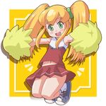  alternate_hairstyle armpits blonde_hair cheerleader flat_chest green_eyes hair_ribbon highres jumping ki_(adotadot) long_hair looking_at_viewer midriff navel open_mouth pom_poms red_skirt ribbon rockman rockman_(classic) roll shoes skirt solo twintails 