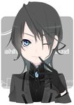  androgynous black_hair blue_eyes gloves male male_focus nattsu original short_hair solo wink 