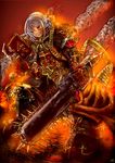  bolter chain highres koyamanatsu pauldrons power_armor red_eyes skull smoke sword warhammer_40k weapon white_hair 