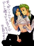  blue_eyes blue_hair breast_hold breasts corn_(pokemon) dent_(pokemon) genderswap green_eyes green_hair mouth_hold pokemon pokemon_(game) pokemon_black_and_white pokemon_bw skirt tears thighhighs 