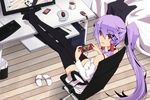  auer bare_shoulders bed black_legwear chair contemporary cup feet_on_table hair_tubes handheld_game_console headphones highres keyboard_(computer) long_hair looking_back meimu monster_hunter monster_hunter_portable_3rd mouse_(computer) mug original playing_games playstation_portable purple_hair red_eyes side_ponytail slippers solo tablet thighhighs touhou zettai_ryouiki 